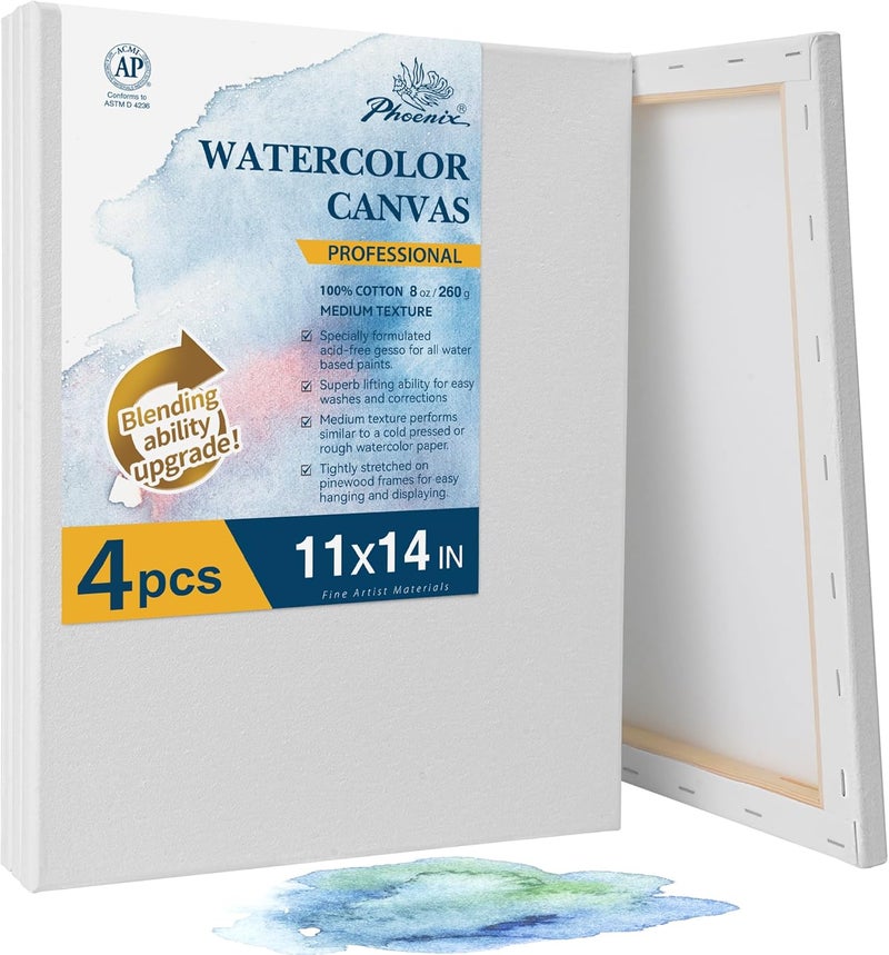 Phoenix Professional Stretched Watercolor Canvas - 11x14 Inch/4 Pack, 100% Cotton Water Color Canvases for Painting, 8 Oz. / 260g White Blank Medium Texture Canvas for Water Based Paints - Image 1